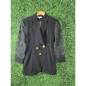Maepsy Black Blazer Jacket Women Size Medium Sheer Floral Sleeves 90s Vintage